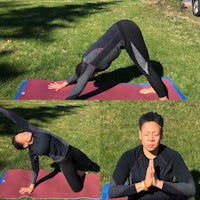 four pictures of a woman doing yoga in a park